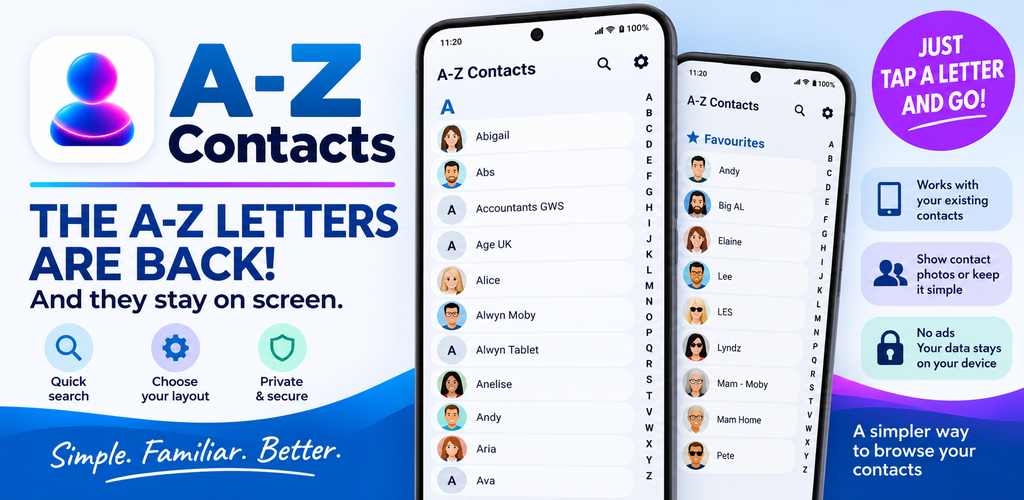 A-Z Contacts app showing the permanent alphabet beside the contact list